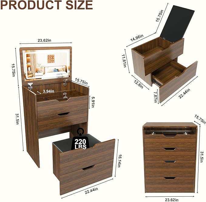3 in 1 Vanity Desk with Mirror and Lights,23.6" Walnut Small Make Up Vanity Set with Visible Glass Desktop,Compact Makeup Vanity with 3 Drawers & Stool, Flip Top Makeup Dressing Table for Bedroom
