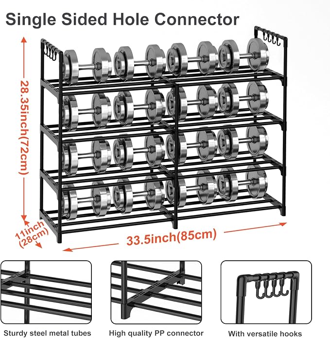 2 Rows 4 Tier Shoe Rack, Black Metal Stackable Shoe Shelf with Multifunctional Hooks, Hold 16-20 Pairs, Space Saving Shoe Organizer for Closet, Bedroom