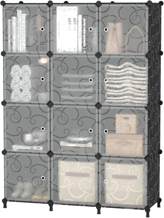 AWTATOS 12 Cube Storage Organizer, Closet Storage Shelves with Doors, Black | Portable Closet Organizers, DIY Stackable Storage Cube Shelf, Plastic Clothes Organizer Shelving for Bedroom, Home Office