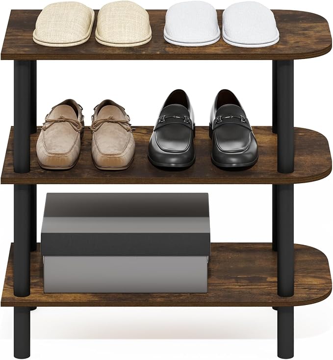 Furinno Turn-N-Tube 3-Tier Toolless Narrow Shoe Rack, Amber Pine | 11.7 x 23.6 x 21.9, Small Shoes Organizer, Shoe Rack Storage with Curved Organizer, for Closet Entryway, Office, Garage