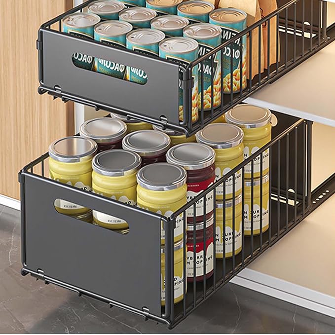 Sliding Pull-Out Cabinet Organizer 9.6"x14.8"x7.5" Black Heavy Duty Carbon Steel Drawer with Adhesive Rails, No Drill Storage Solution for Pantry/Closet