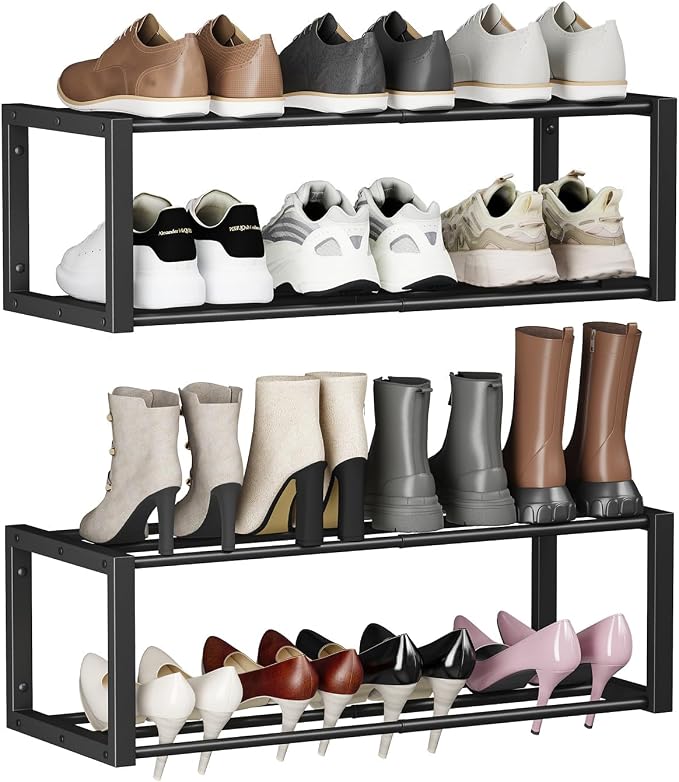 Homeiju Hanging Shoe Organizer,2 Pack Wall Mounted Shoe Rack Holds 12 Pairs,Space Saving Metal Wall Shoe Rack,Hanging Shoe Rack Shoe Holder for Small Space,Entryway,Closet,RV,Camper（Black