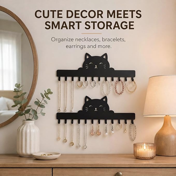 Hicarer 2 Pack Black Cat Necklace Organizer Wall Mount Holder with 24 Hooks Adhesive Metal Jewelry Hanger Cat Lover Gifts for Women Halloween Christmas Home Decor for Earrings Bracelets Rings Keys