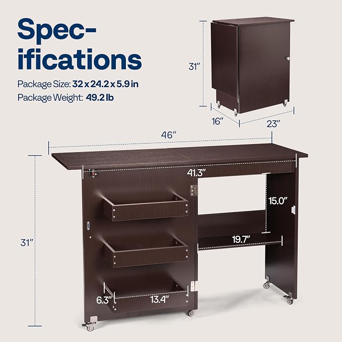 VIVOHOME Folding Sewing Table for Sewing Machine, Sewing Desk with Storage | Rolling Sewing Craft Table with Storage Shelves, Trays, Wheels, Sewing Cabinet with Lift for Small Spaces, Espresso