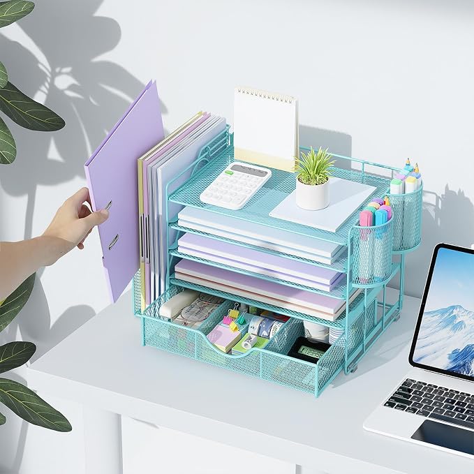 gianotter 5-Tier Desk Organizer with Drawers, File Holders, Letter Trays and Pen Holders - Workspace Accessories for Office Supplies (Blue)