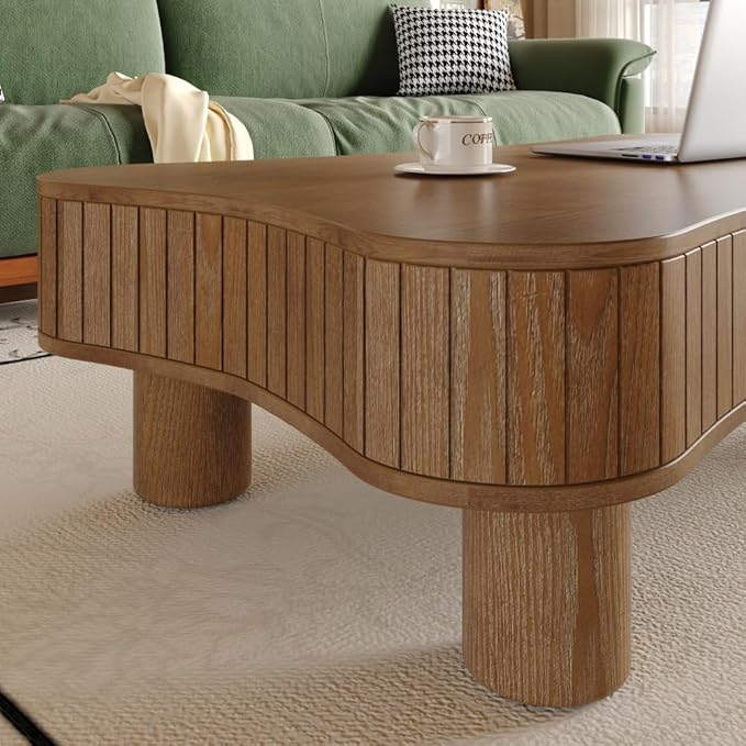 Lift Top Coffee Table with Hidden Storage Fluted Panel Silent Hydraulic Lift Curved Corners (Walnut)
