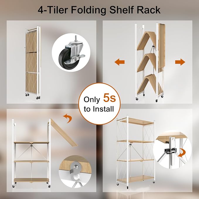 black leopard 4 Tier Folding Storage Shelves with Wheels, Foldable Bookshelf No Assembly Collapsible Shelf Heavy Duty Rolling Shelving Unit for Kitchen Bedroom Living Room (White, 27.9"x 13.3"x 49")