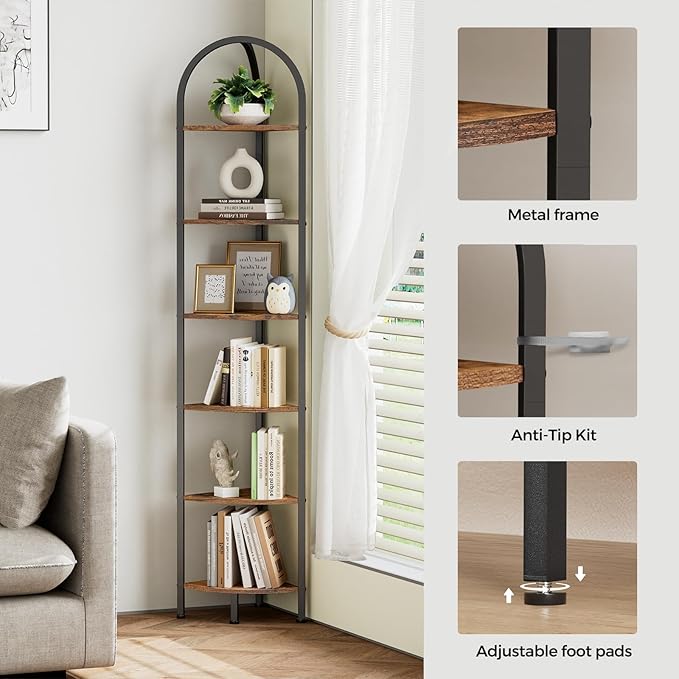 Homhedy 6-Tier Arched Corner Shelf Stand, Wall Corner Bookshelf | Plant Stand with Metal Frame, Industrial Storage Rack Shelf for Living Room, Bedroom, Office, Bathroom, Rustic Brown