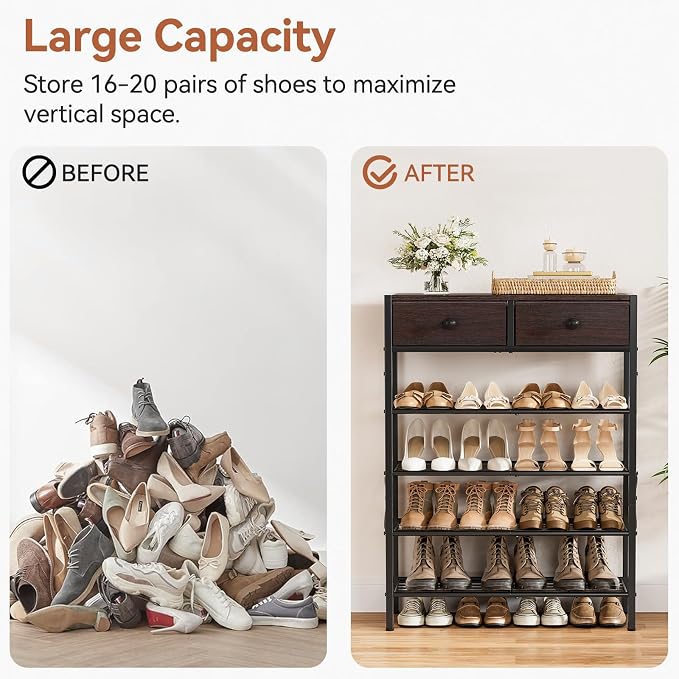 Shoe Rack for Entryway, 5 Tier Shoe Organizer with 2 Non-Woven Drawers, Metal Storage Shoe Shelf for 16-20 Pairs of Shoes, with Wooden Top and Steel Frame, Shoe Stand for Closet Dark Brown
