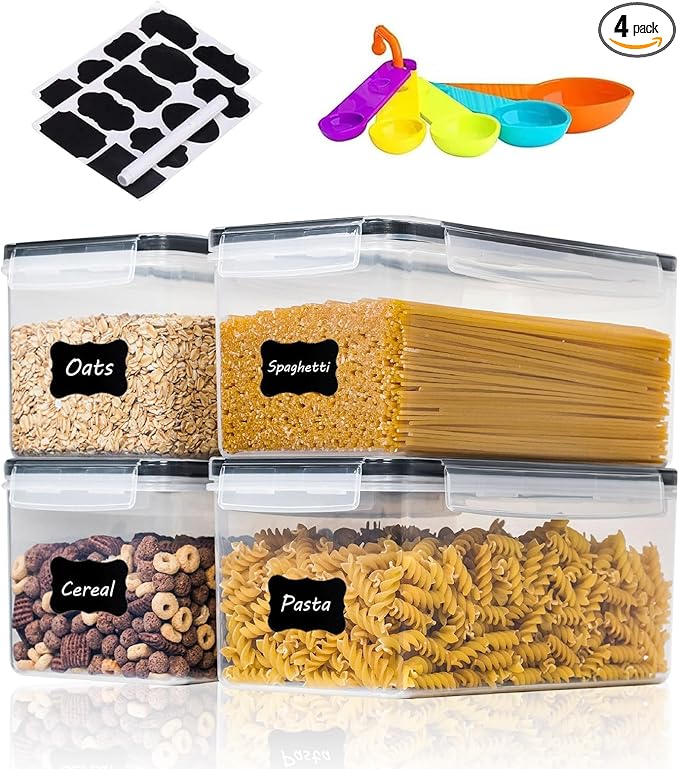 stusgo Airtight Food Storage Containers with Lids, BPA-Free Plastic Canisters for Pasta, Spaghetti & Kitchen Pantry Organization 4pcs (3.2L)