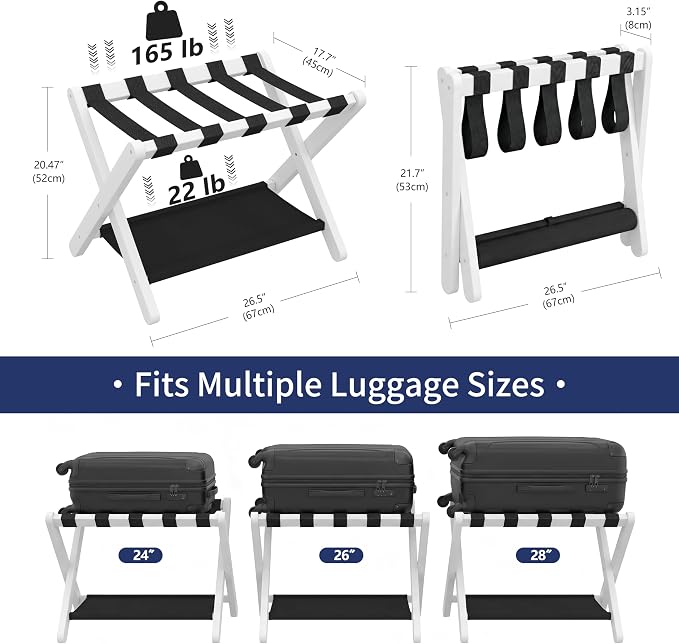 Heybly Luggage Rack for Guest Room, Folding Luggage Stand & Suitcase Holder, Suitcase Stand, Heavy Duty Wooden Luggage Rack with Double Shelf for Hotel & Bedroom, 5 Heavy Duty Straps, White HLR012W1