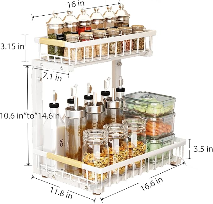Under Sink Organizer 2 Tier Bathroom Under Sink Organizers and Storage 1 Pack Kitchen Pull out Cabinet Organizer Metal Sliding Drawer for Kitchen Pantry Cabinet Closet Organization Rack White