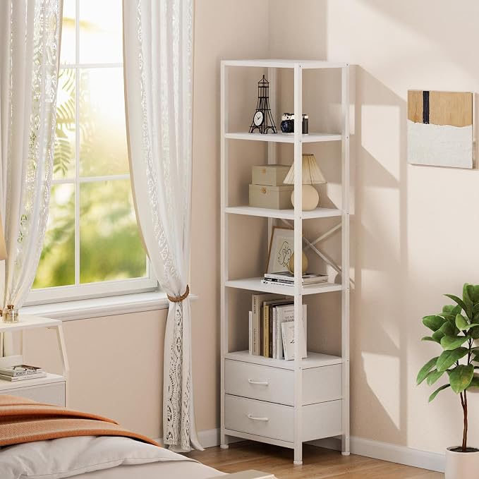 Furnulem 5-Tier Corner Shelf, Narrow Bookshelf with 2 Storage Drawers, Tall Bookcase, Wood Display Standing Shelf Organizer Unit for Living Room, Bedroom, Metal Frame(White)