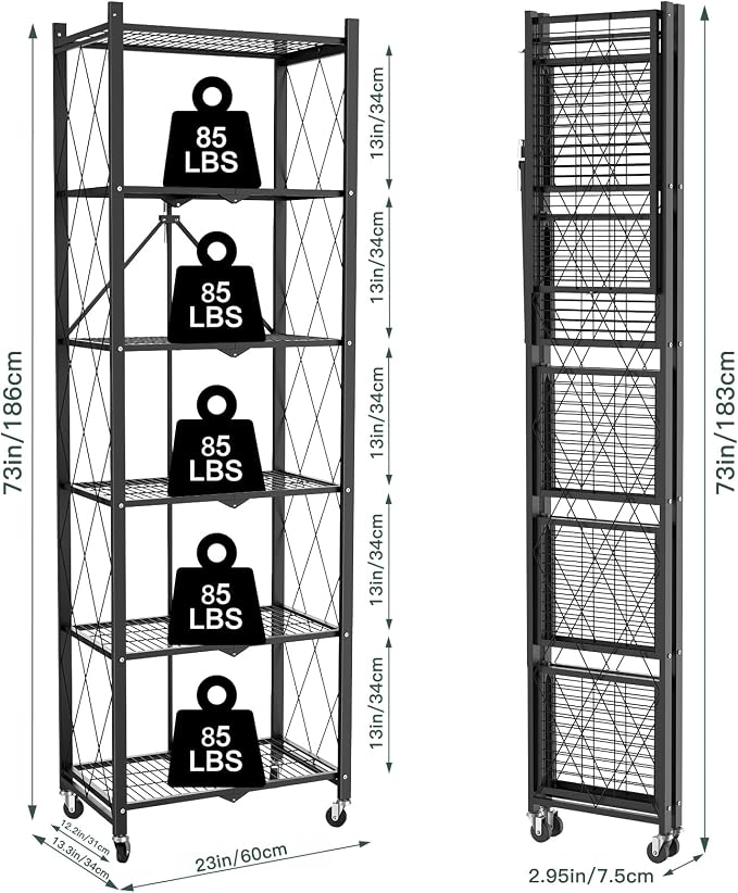 6 Tier Foldable Storage Shelves with Wheels -No Assembly Metal Folding Shelves Collapsible Shelving Unit Display Heavy Duty Rolling Shelf for Home Kitchen Office Room (Black, 73" x 14" x 23")