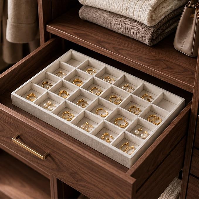 Oirlv Stackable Linen Jewelry Tray Adjustable 24 Grid Jewelry Storage Case for Drawer or Showcase