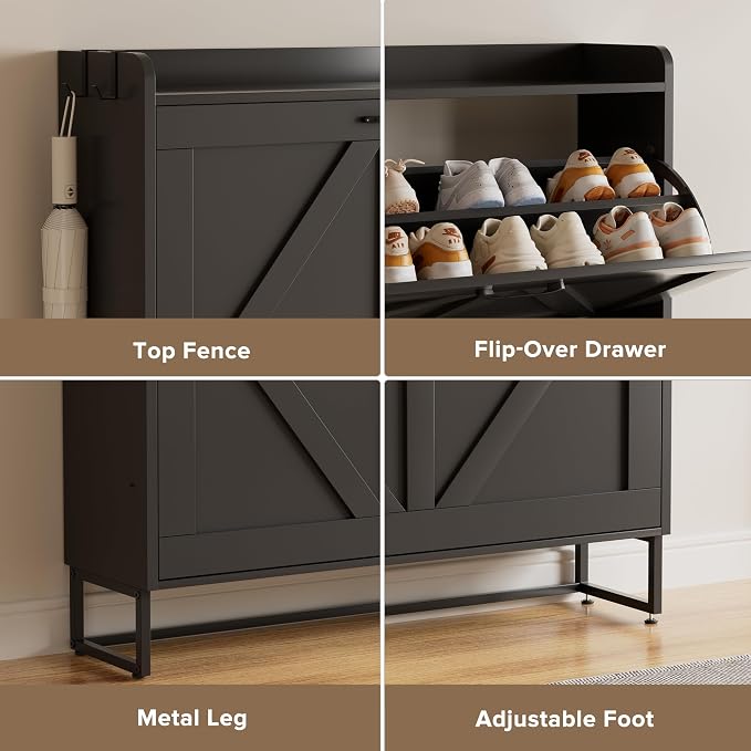 EOYUTLLY Shoe Cabinet for Entryway with 2 Flip Drawers,Narrow Wooden Shoe Storage Cabinet with Metal Legs,Hold 24 Pairs, 4-Tier Adjustable Shelves–Freestanding Hidden Shoe Organizer for Hallway, Foyer
