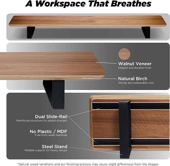 ULTRARM Moodular Wooden Monitor Stand Desk Organizer, Large 45.6" Walnut | Customizable Organized Workspace, Aluminum Slide Rails, 10 Add-Ons Sold Separately: Storage Drawer, Tablet, Phone & More
