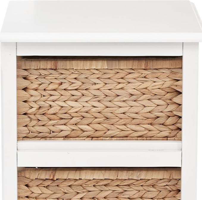 OSP Home Furnishings Seabrook Storage Tower with Solid Wood Frame and Natural Baskets, 2-Tier, 4-Drawer, White Finish
