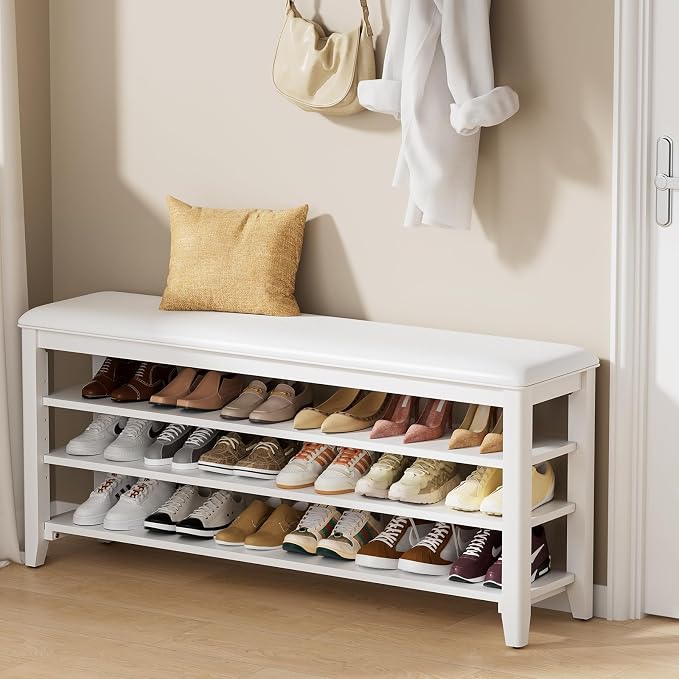 Taitiy Shoe Rack Bench Entryway Storage, Shoe Organizer Bench for Entryway, Ideal for Front Doors Entrances Hallway Mudroom Featuring Rubberwood and 3 Height-Adjustable Removable Shelve