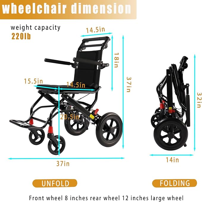 (Seat Width:16") Ultralight Lightweight Folding Wheelchair, Transport Wheelchair for Adults Support 220lbs with Foldable Pedals and Flip-Backs Arms, Handbrake & Storage Bag (12 inch PU Rear Wheel)
