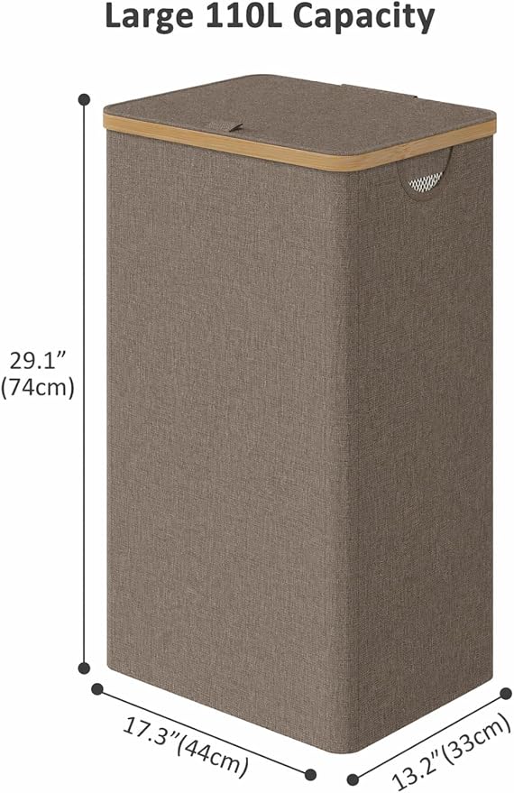 iEGrow Laundry Hamper with Lid, 110L Large Laundry Basket with Handle, Collapsible Clothes Basket Organizer with Removable Inner Bag for Clothes Towels -Brown