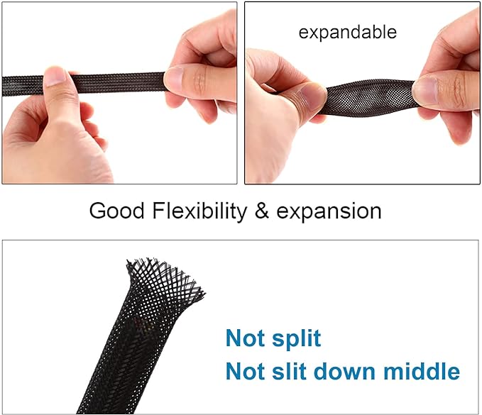 50ft - 1/4 inch & 1/2 inch PET Expandable Braided Sleeving – Black – Alex Tech Braided Cable Sleeve