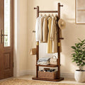 Taitiy Solid Wood Coat Rack, Freestanding Clothing Rack with 2 Shelves Storage & 5 Hooks, Heavy Duty Clothes Rack Stand for Hall, Bedroom, Living Room