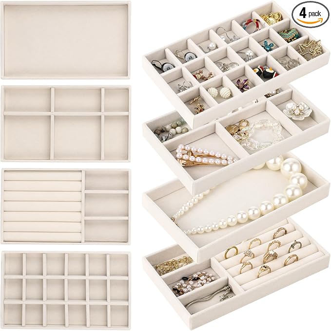 Homaisson Jewelry Drawer Organizer, Velvet Jewelry Tray, Multiple Compartment Layout, Set of 4 Jewelry Organizer for Rings, Earrings, Bracelets, Necklaces (Beige)