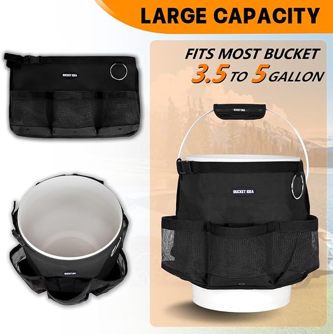 MELOTOUGH Bucket Tool Organizer Fits 5 Gallon Water-Resistant Mesh Pockets | Water Resistant, Multiple Compartments Pockets, Hold Large Brushes & Garden Tools, Fits 3.5-5 Gal Buckets, Easy to Carry