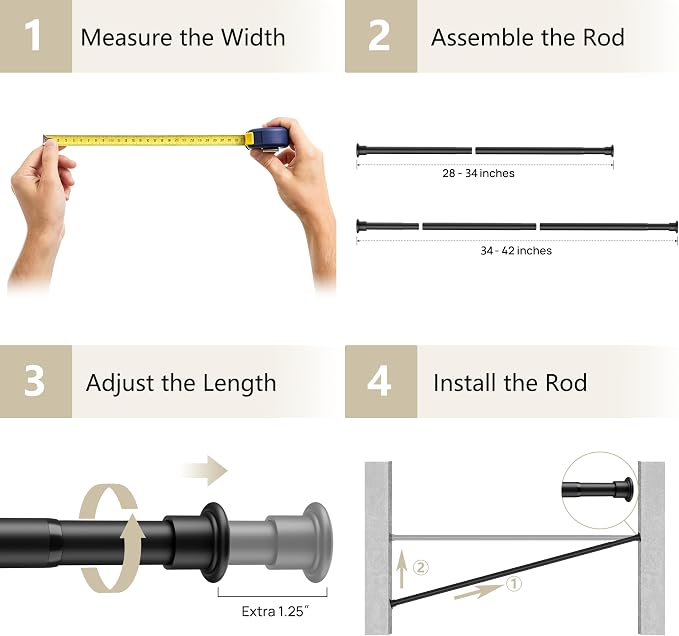 Tension Curtain Rod by EZFurni, 28 to 42 Inch, Adjustable Curtain Rods No Drilling, Heavy Duty Tension Rod, Anti-Slip Spring Loaded Curtain Rods for Window, Closet, Door, Black