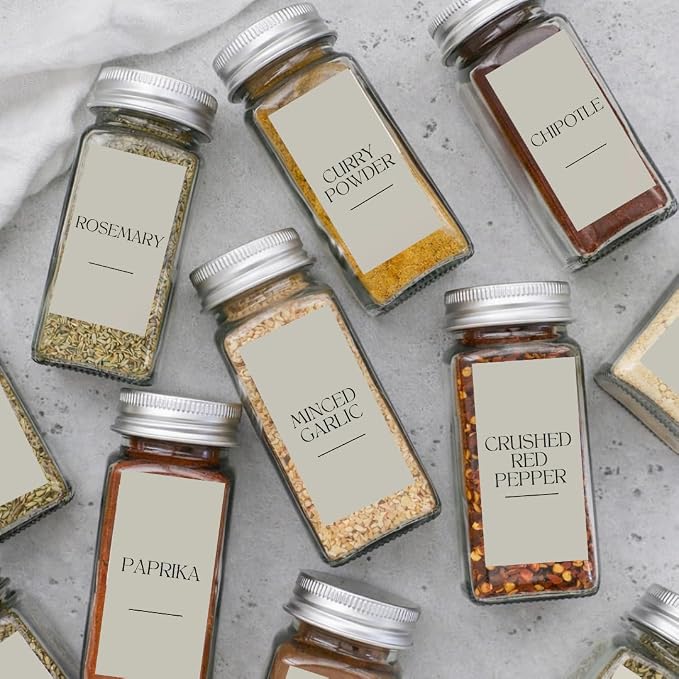 Spice Labels - 168 Aesthetic Beige Spice Labels for Jars - Waterproof Stickers for Spice containers - Preprinted Minmalist Oilproof Herbs & Seasoning Labels