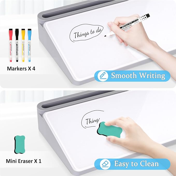DOLLAR BOSS Glass Desk Whiteboard Small Dry Erase Board Desktop White Board with Storage Drawer Computer Keyboard Stand Desk Organizer Office Accessories School Supplies with 4 Markers 1 Eraser, Grey