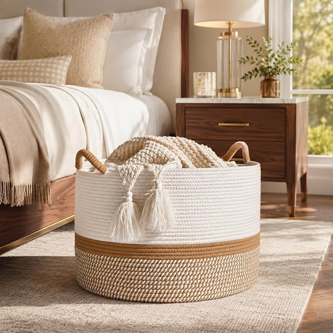 KAKAMAY Large Blanket Basket with Handles, Storage Basket for Living Room | Extra Large Capacity | Natural Cotton Rope | Blanket Storage | Woven Basket | Stuffed Animal Storage | Laundry Basket