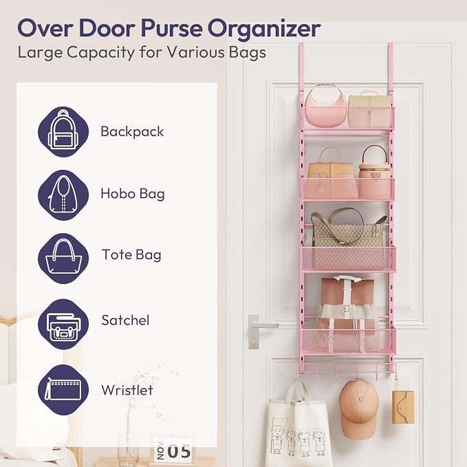 SWTYMIKI Over the Door Purse Organizer - Wall Mounted Purse Rack with 4 Adjustable Metal Basket and 6 Hooks, Hanging Bag Rack for Handbag Organizer, Bag Storage Can Use As 1/2 Part, for Door, Closet