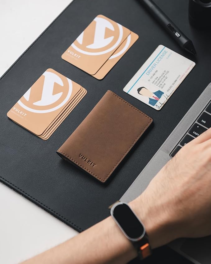 VULKIT Leather Business Card Holder 2 Sided Slim Business Name Card Organizer for Men or Women (Yangba LightBrown)
