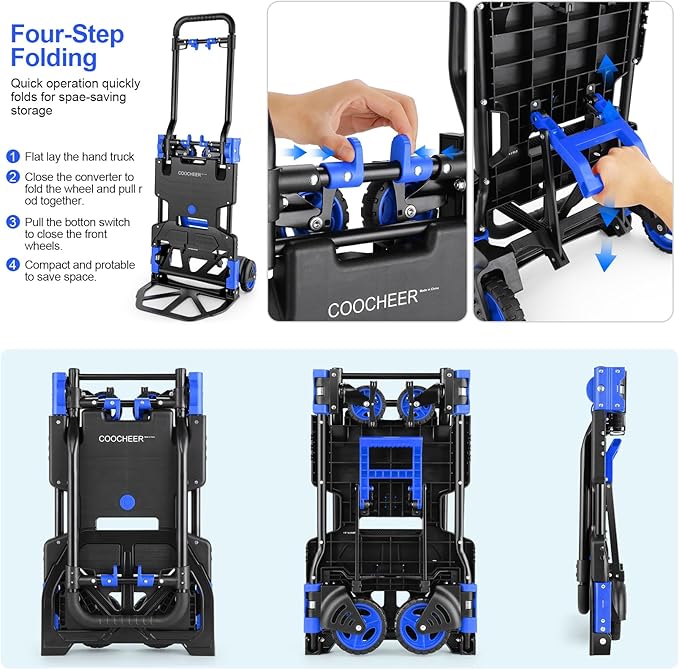 2-in-1Hand Truck Dolly Foldable with Folding Basket, 330LB Folding Hand Truck Heavy Duty Carrying, Combination of 4 Wheels and 2 Wheels Convertible Dolly Cart with Retractable Handle Dolly for Moving