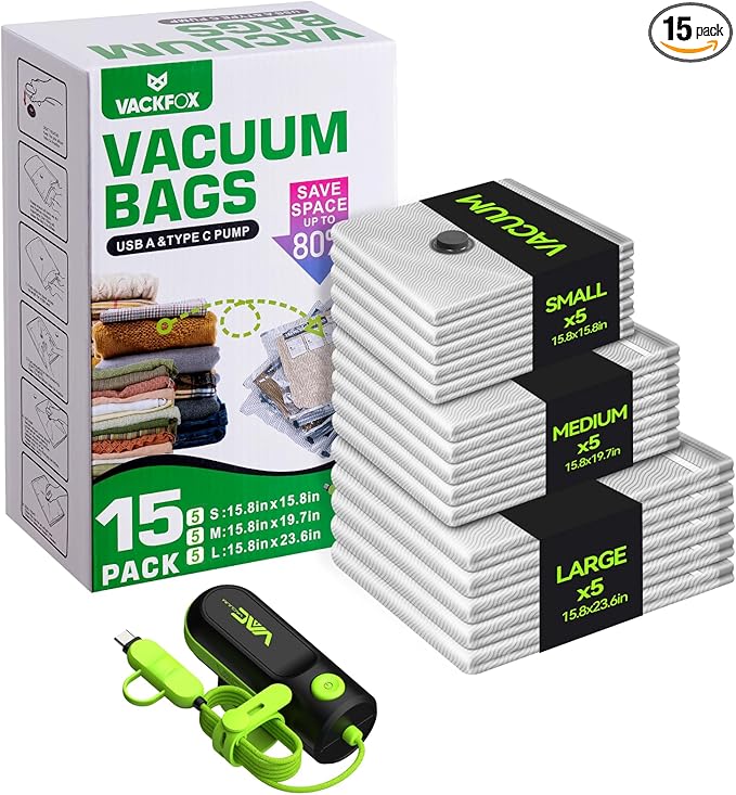 Vacuum Bags for Travel with USB & TYPE C Pump, Vacuum Seal Travel Bags, 15 Pack Carry-On Vacuum Storage Bags for Luggage & Suitcase, Space Saver for Clothes & Travel(Green)