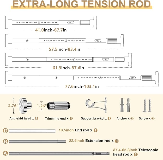 Silver Tension Curtain Rod 41-100In(4-8Ft), Outdoor Curtain Rod No Drilling for Window or Bathroom Patio, Heavy Duty Shower Curtain Rod,Rod Diameter 1.26In-One-bond stretching