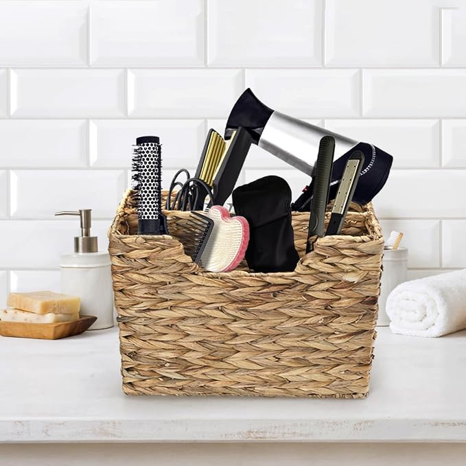 Yesland Hand-Woven Magazine Basket 14.5"x8"x11.75" - Natural Water Hyacinth Wicker Storage Organizer with Handle, 2 Compartments for Home Office Desk