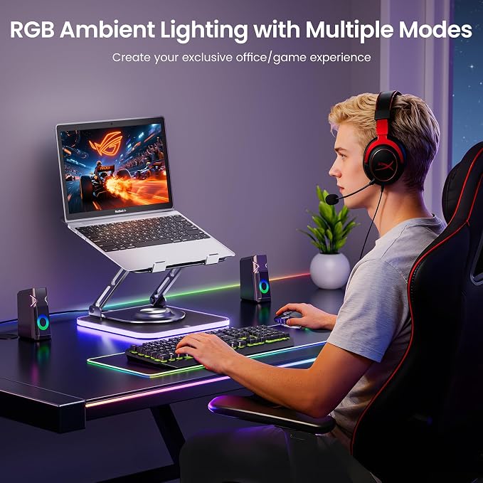 JOYEKY Adjustable Laptop Stand with RGB Lighting,Aluminum Ergonomic Computer Stand with 360° Rotating Base,Foldable & Portable Laptop Riser, Suitable for All 10-16” Laptops (Grey)