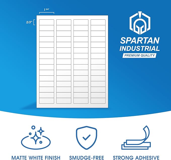 1 3/4" X 2/3" Matte White Return Address Labels (250 Sheets, 15000 Stickers) Mailing Labels for Envelopes, File Folder Stickers for Laser & Inkjet Printers - Spartan Industrial Template R003