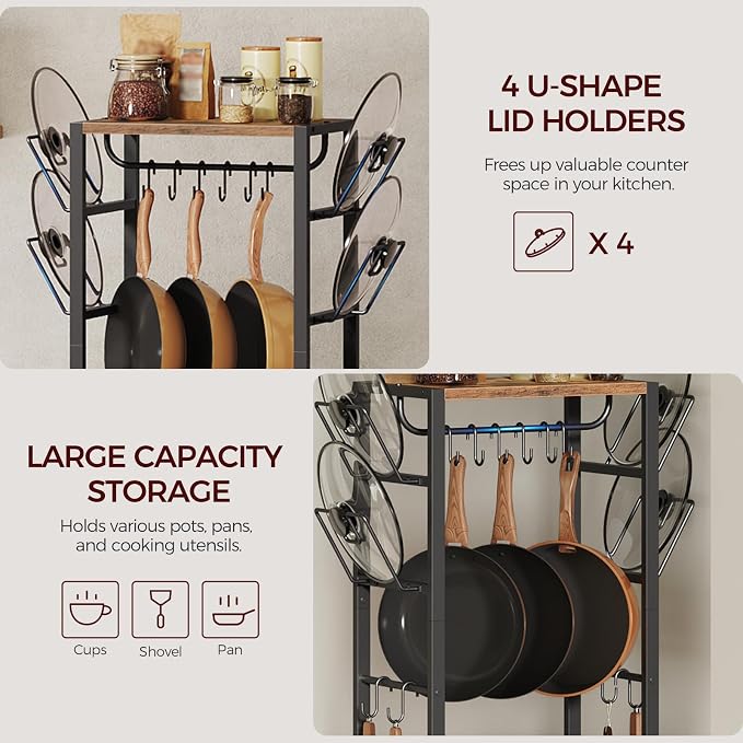 MAHANCRIS 4-Tier Pot Rack, Pots and Pans Organizer for Kitchen Corner, Kitchen Storage Rack with U-Shaped Lid Holders, Freestanding Cookware Stand, Rustic Brown and Black POHR3001