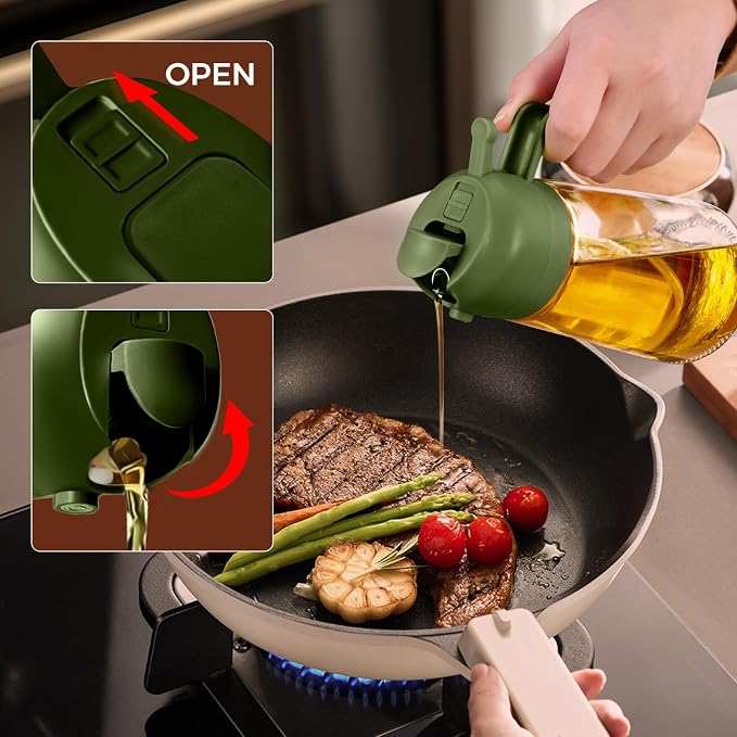YARRAMATE 2Pcs 16oz/470ml Glass Olive Oil Sprayer for Cooking with Stickers, 2 in 1 Oil Dispenser for Kitchen Gadgets, Food Grade Premium Spray Bottle for Salad, BBQ (Black&OliveGreen)