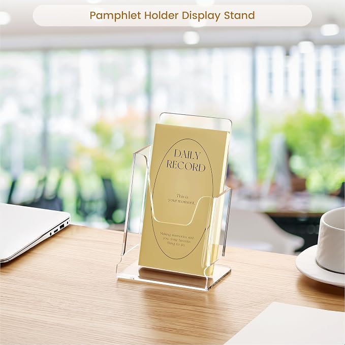 HeZone Acrylic Brochure Holder 4x9 Inch,Clear Pamphlet Holder Display Stand for Trifold 4 Inch Flyers,Pamphlets,Booklets,Menu,Leaflets for Office,Home,Store,Trade Exhibition,1 Pack,A6