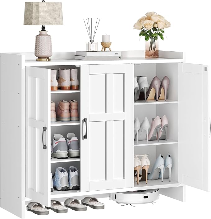 HOOBRO Shoe Cabinet for Entryway, 42.1" Large Shoe Storage Cabinet with 3 Doors, Adjustable Shelves Shoe Organizer for 16-20 Pairs, Freestanding Shoe Rack for Entryway, Hallway, Closet, White