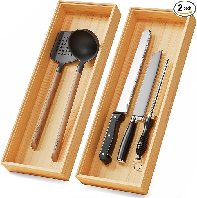 Long Bamboo Kitchen Drawer Organizer Boxes 17" x 6" Wood Pantry Organizers | Set of 2 Stackable Wooden Silverware Utensil Tray for Drawers Bins Cutlery & Flatware Storage for Junk Drawer Bathroom Rv