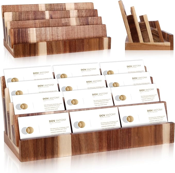 DLUGOPIS 4 Tier Acacia Wood Business Card Holder Desktop Display Stand Multiple Wood Business Card Organizer Rack Gift Card Pamphlet Display for Exhibition Home Office
