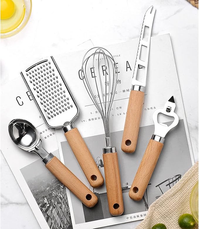 9pcs Kitchen Gadget Set with Wooden Handle, Stainless Steel Cooking Tools Kitchen Accessories Pizza Cutter, Egg Whisk, Vegetable Peeler, Can Opener, Garlic Press