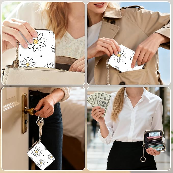Credit Card Holder for Women,Small Rfid Wallet with Keychain Zipper,Cute PU Leather Card Case Wallet，Accordion Credit Card Wallets Gift,Large White Flower