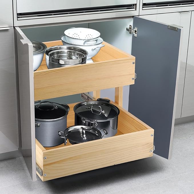 Mulush Pull Out Cabinet Organizer, 23''W×21''D×16''H Soft Close Slide Out Wood Drawer Shelves Storage for Kitchen, 2-Tier, Finished, Heavy-Duty, Bottom Assembly